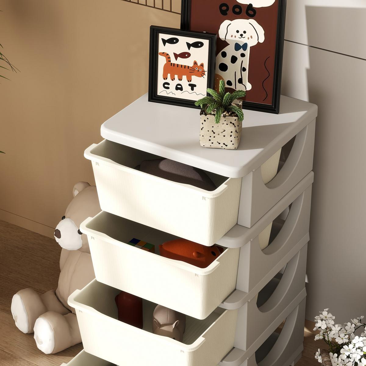 AUFBEWAHRUNGSBOXEN für Kinder, 4 große Schubladen, Kunststoff - Creme, Kunststoff (37/76/37cm) - HOMCOM