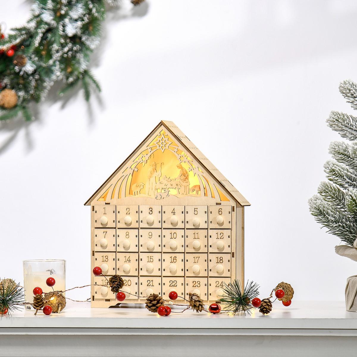 ADVENTSKALENDER Weihnachtskalender 24 Schubladen mit LED-Lichtern MDF Naturholz - Naturfarben, Holz (6/30/26.6cm) - HOMCOM