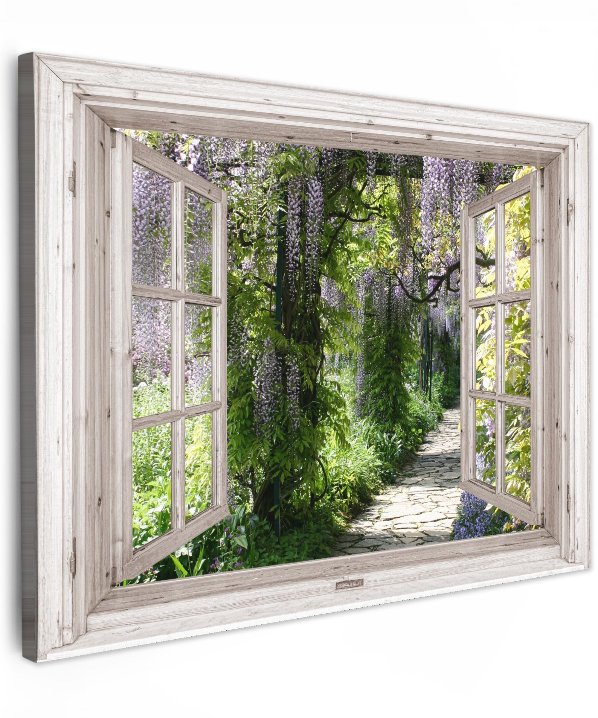 LEINWANDBILD Blauer Regen - Blumen - Aussicht - Baum - Frühling Wandbilder 80x60 cm - Grün, Textil (80/60cm) - MuchoWow