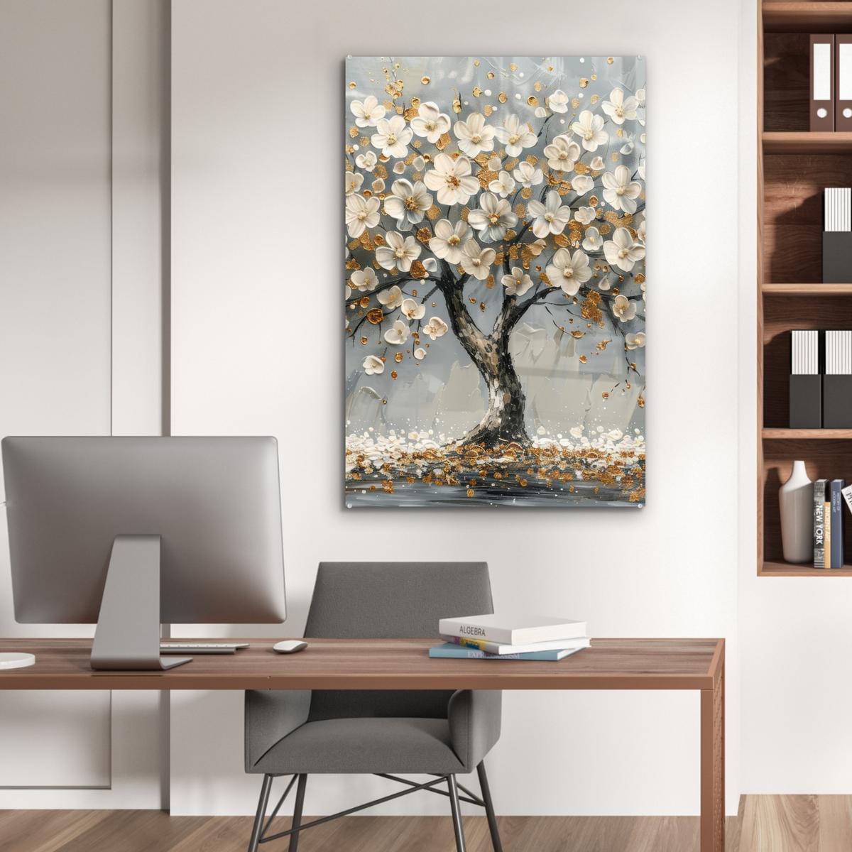 ACRYLGLASBILD Baum - Blumen - Weiß - Natur - Kunst 80x120 cm - Weiß, Glas (80/120cm) - MuchoWow