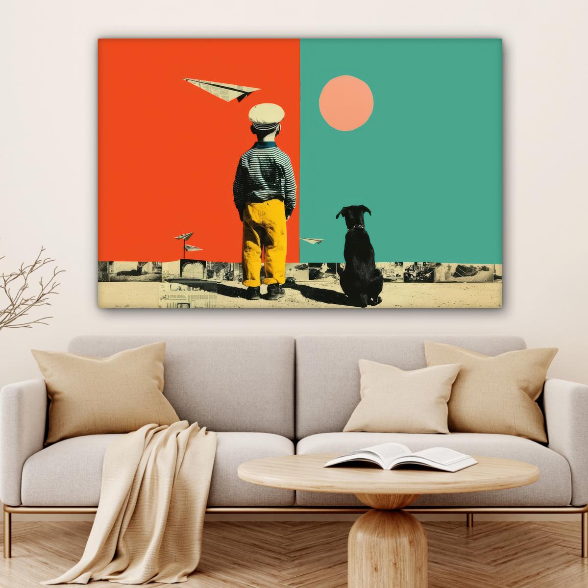 LEINWANDBILD Retro - Junge - Hund - Rot - Grün Wohnzimmer Groß 120x80 cm - Orange, Textil (120/80cm) - MuchoWow