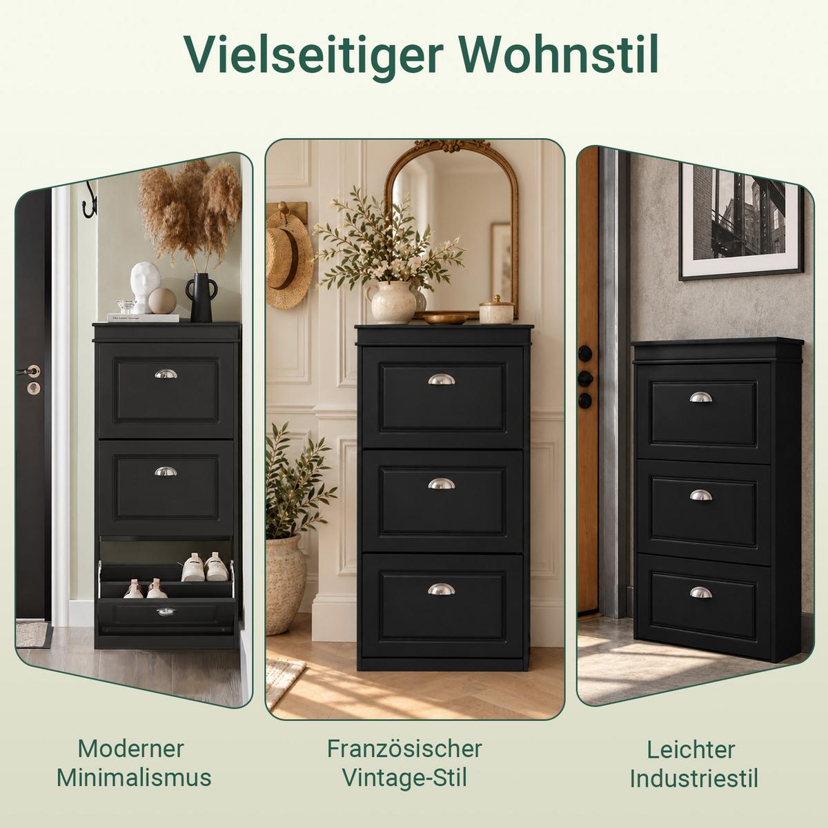 SCHUHSCHRANK Schwarz, 48 x 117 x 24 cm, 3 Klappen, bis 12 Paar Schuhe, Einlegeböden 2-stufig verstellbar, für schmale Flure - Schwarz, Holzwerkstoff (53/117/24cm) - SoBuy