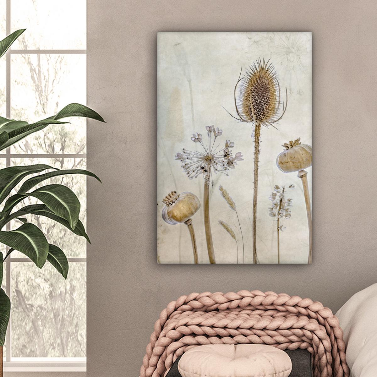 LEINWANDBILD Blumen - Aquarell - Stilleben - Braun - Vintage Wanddeko Schlafzimmer 60x90 cm - Beige, Textil (60/90cm) - MuchoWow