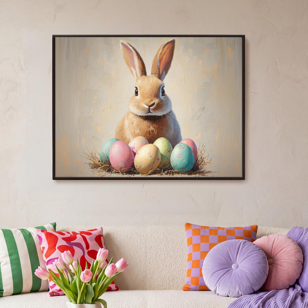 LEINWAND Bilder mit Rahmen - Osterhase - Pastell - Eier - 100x70 - Beige, Textil (100/70cm) - MuchoWow