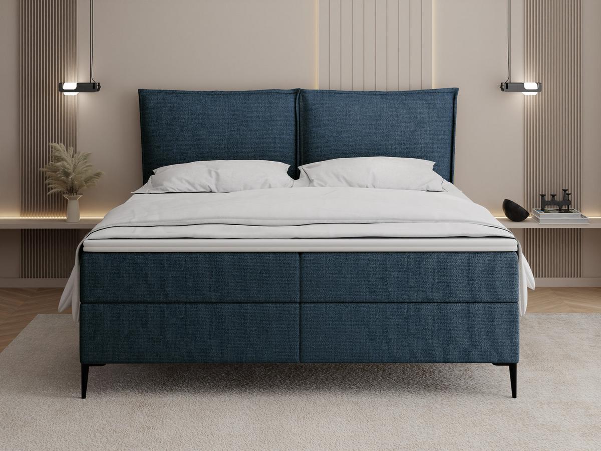 BOXBETT Calio Rise mit Bettkasten, Dunkelblau Chenille 120x200 cm – inkl. H4 Taschenfederkern Matratze & Foam Topper - Schwarz/Dunkelblau, Holz/Holzwerkstoff (120/200cm) - WFL GROUP