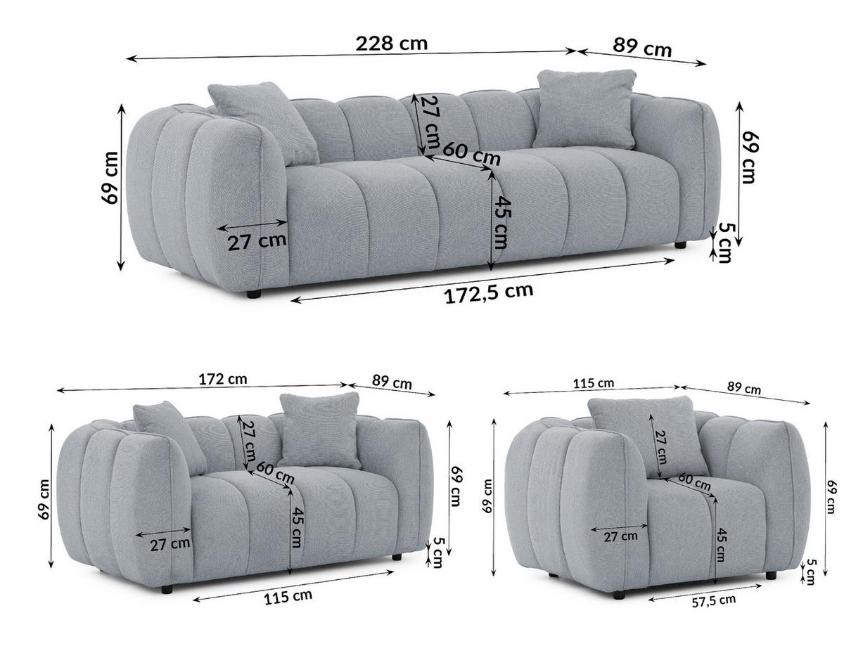 SITZGARNITUR 3+2+1 Nubira in tief gesteppter Bubble-Optik aus weichem Grau Strukturstoff im modernen Design - Schwarz/Grau, Holz/Kunststoff (228/69/89cm) - S-Style Möbel