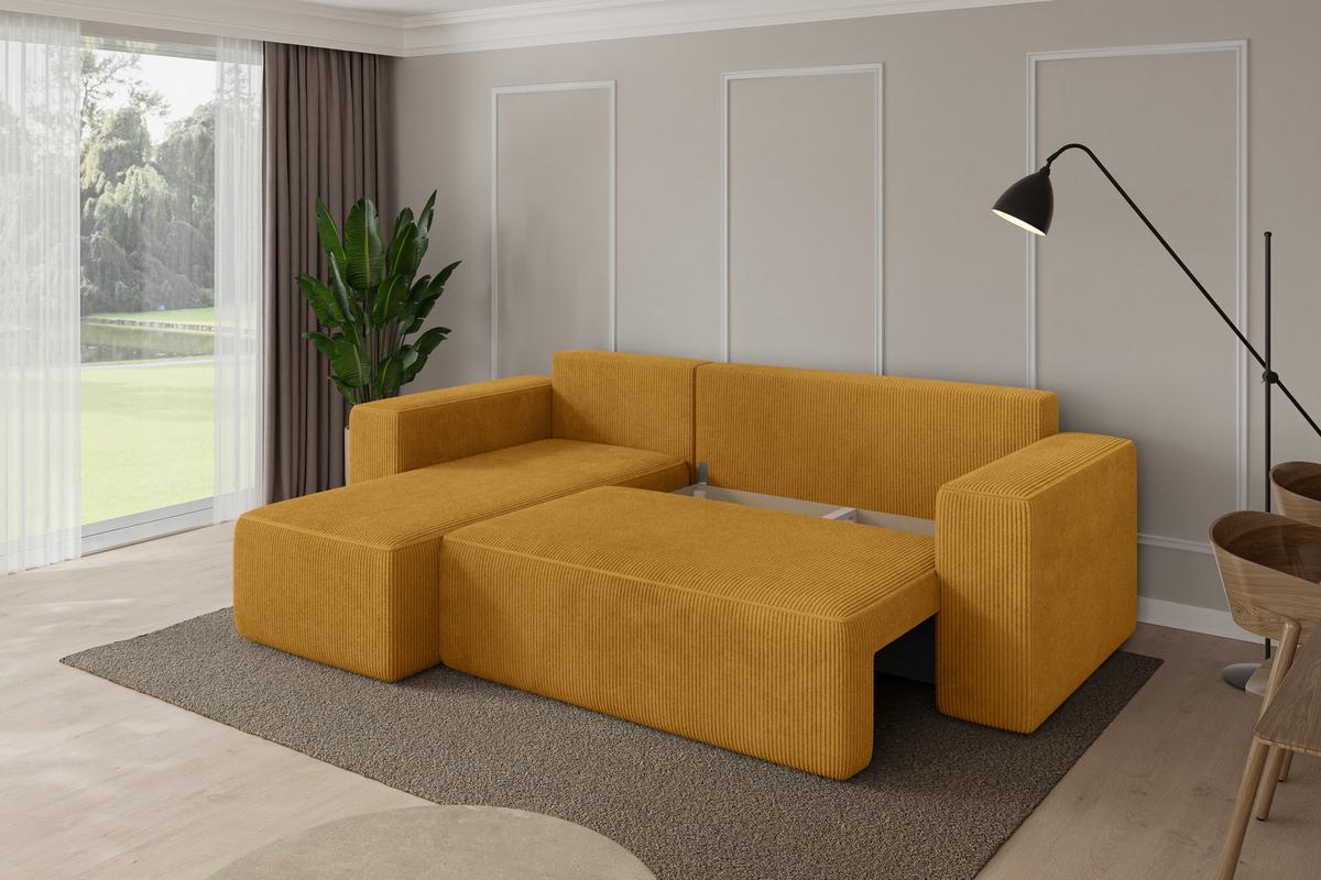ECKSOFA mit Schlaffunktion Ottomane Links SENO-L 249x139x85 Senfgelb Cord - Dunkelgelb/Schwarz, Holzwerkstoff/Kunststoff (249/139cm) - ALTDECOR