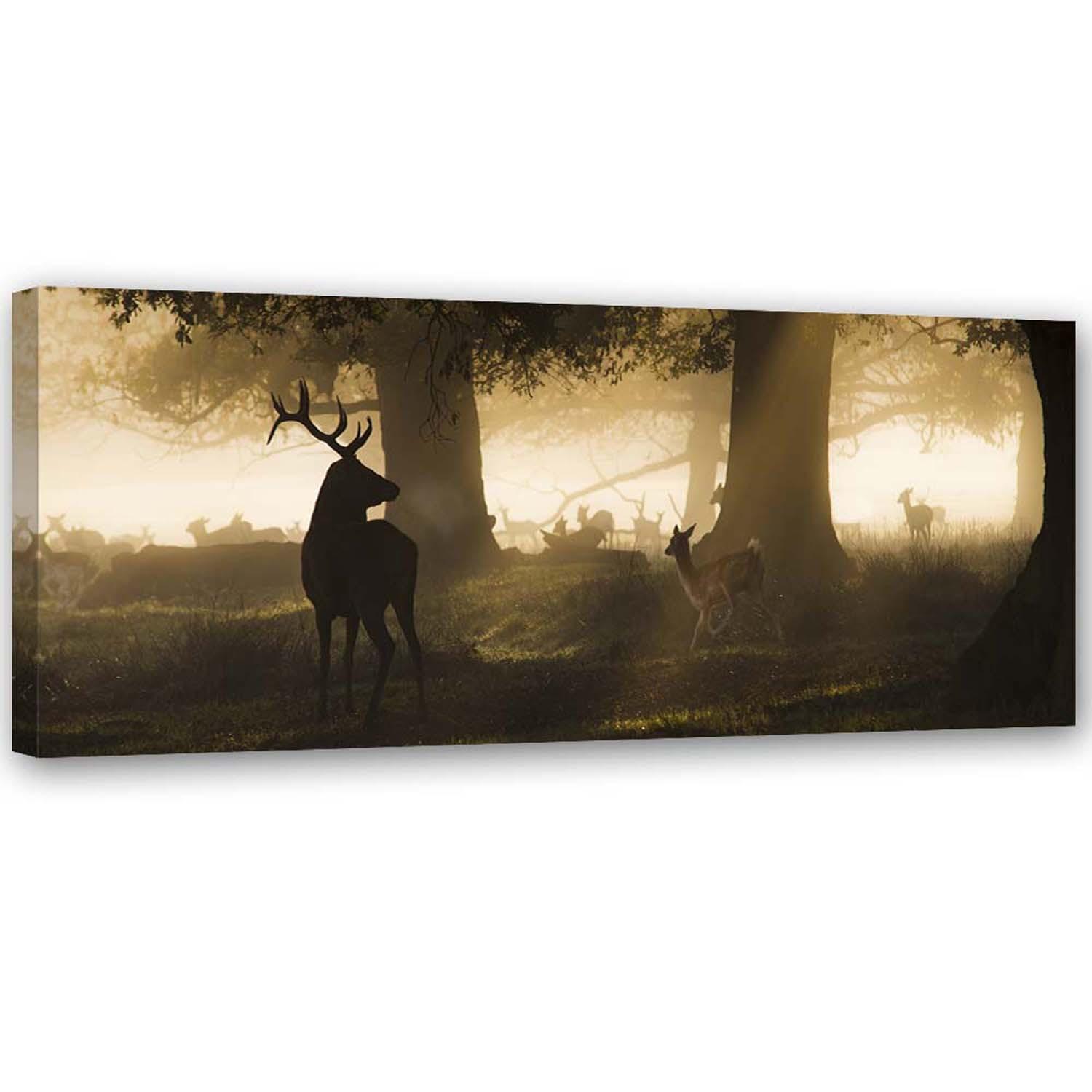 BILD AUF LEINWAND Hirsche im Nebel 90x30cm - Grau, Textil (90/30cm) - Feeby