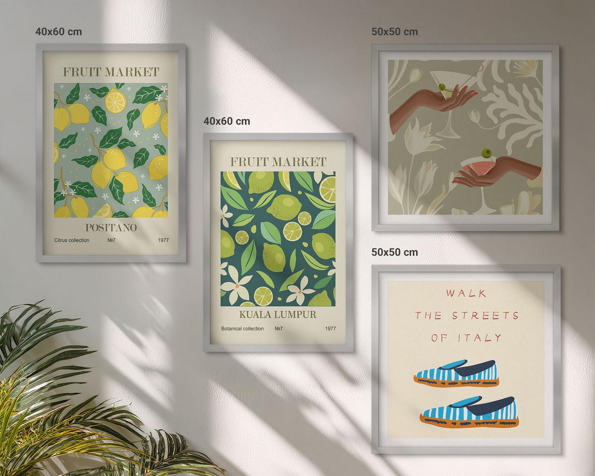 BILDER SET 4er Set - 50x50 cm & 40x60 cm Silberner Rahmen - Italienische Poster mit Fruchtmotiven - Silberfarben, Kunststoff (50/50cm) - TULUP