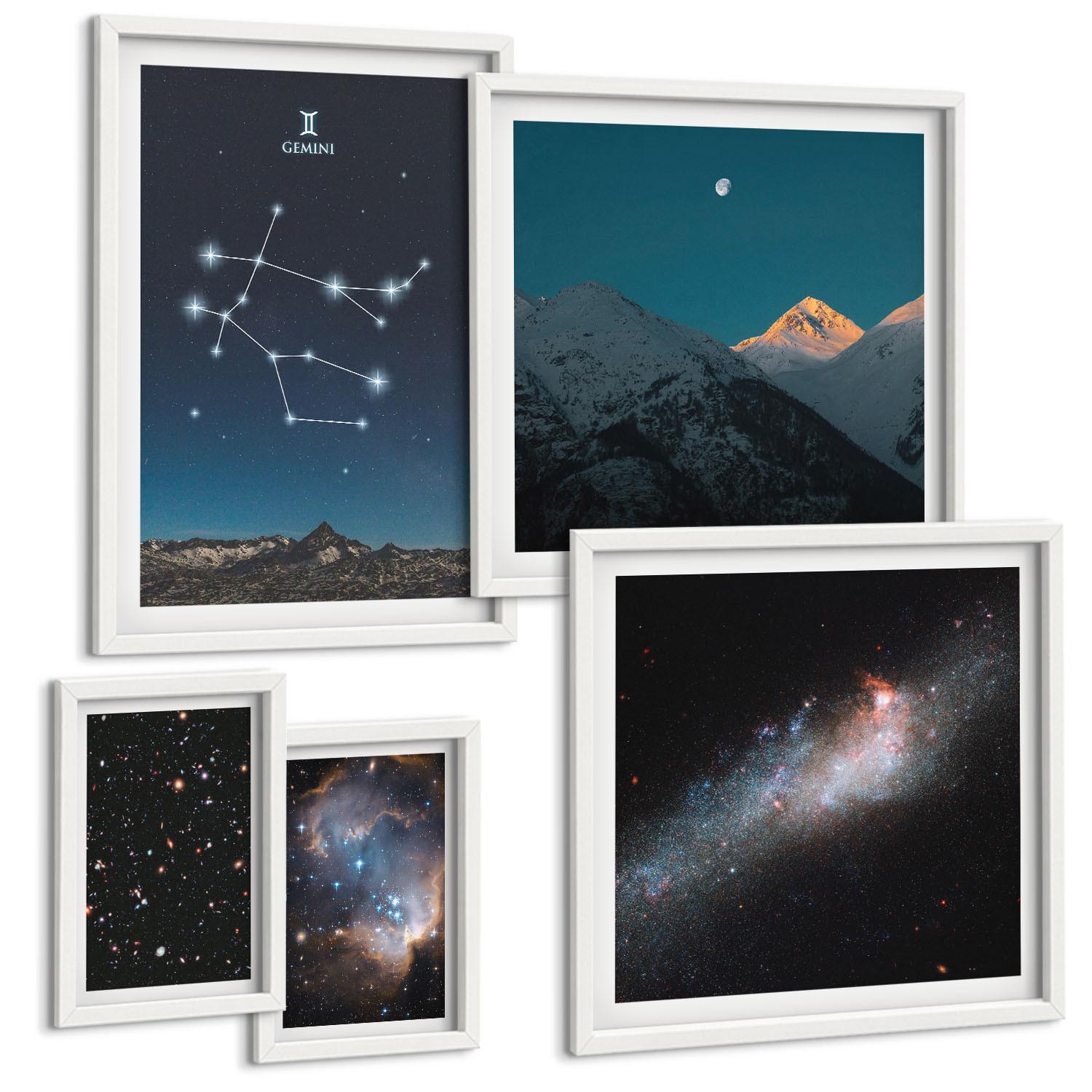 BILDER SET 5er Set - 50x50 cm & 20x30 cm & 40x60 cm Weißer Rahmen - Sterne der Zwillingsgalaxie - Weiß, Kunststoff (40/60cm) - TULUP