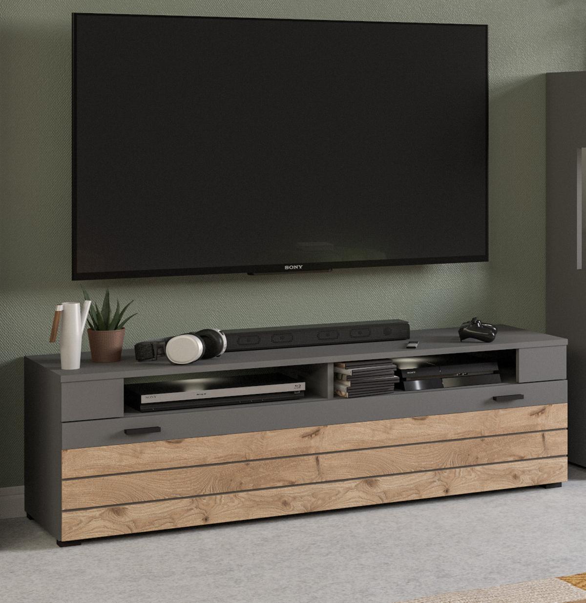 TV-LOWBOARD Eiche, grau matt 140 cm, TV Unterteil mit 4 Fächern - Eichefarben/Schwarz, Holzwerkstoff/Kunststoff (140/43/40cm) - Inn.Furn