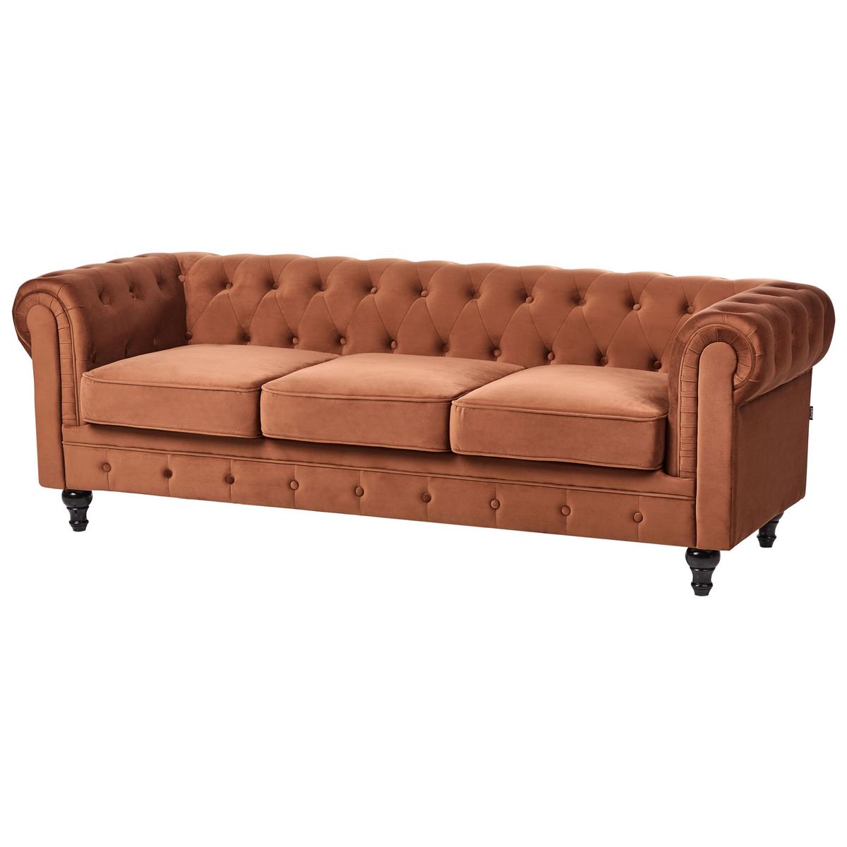 3-SITZER-SOFA Samtstoff Goldbraun Chesterfield - Goldfarben/Braun, Textil (201/70/75cm) - Beliani