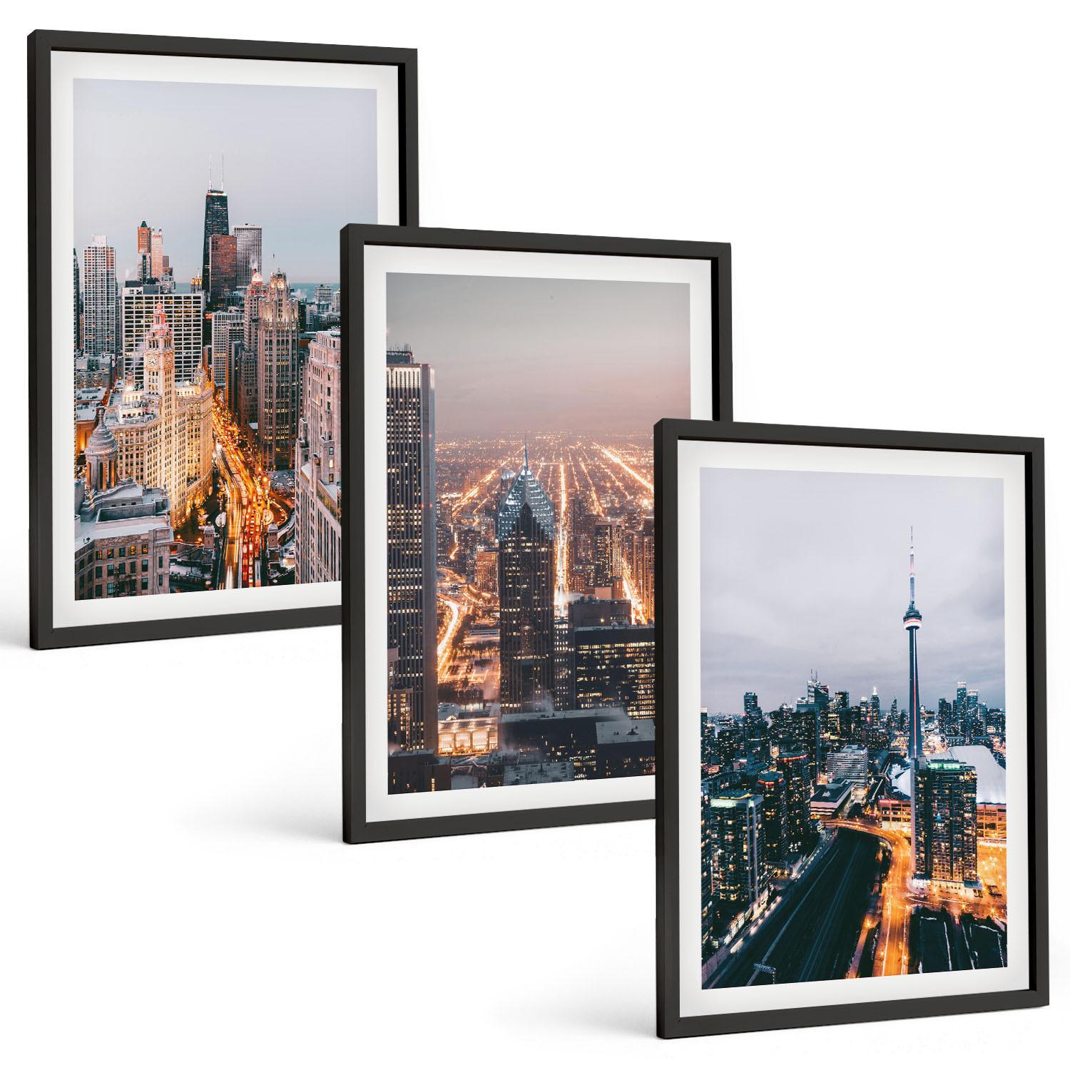 BILDER SET 3er Set - 40x60 cm Schwarzer Rahmen - Städte bei Nacht, Wolkenkratzer, Lichter - Schwarz, Kunststoff (40/60cm) - TULUP