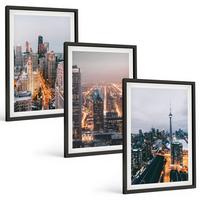BILDER SET 3er Set - 40x60 cm Schwarzer Rahmen - Städte bei Nacht, Wolkenkratzer, Lichter - Schwarz, Kunststoff (40/60cm) - TULUP