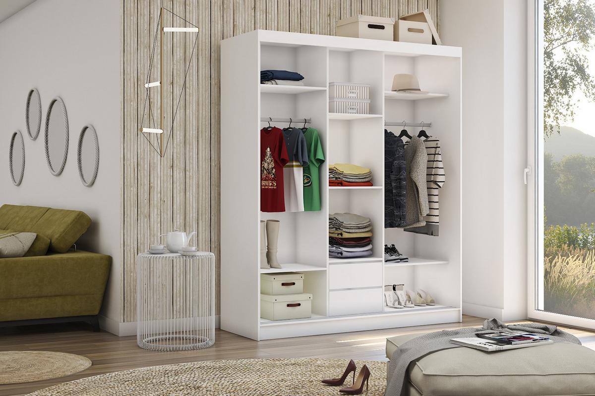 SCHWEBETÜRENSCHRANK Cabinio Weiß Eiche Artisan 180/216/61 cm – mit Spiegel und Lamellen - Walnussfarben/Weiß, Holzwerkstoff/Kunststoff (180/216/61cm) - AX Living