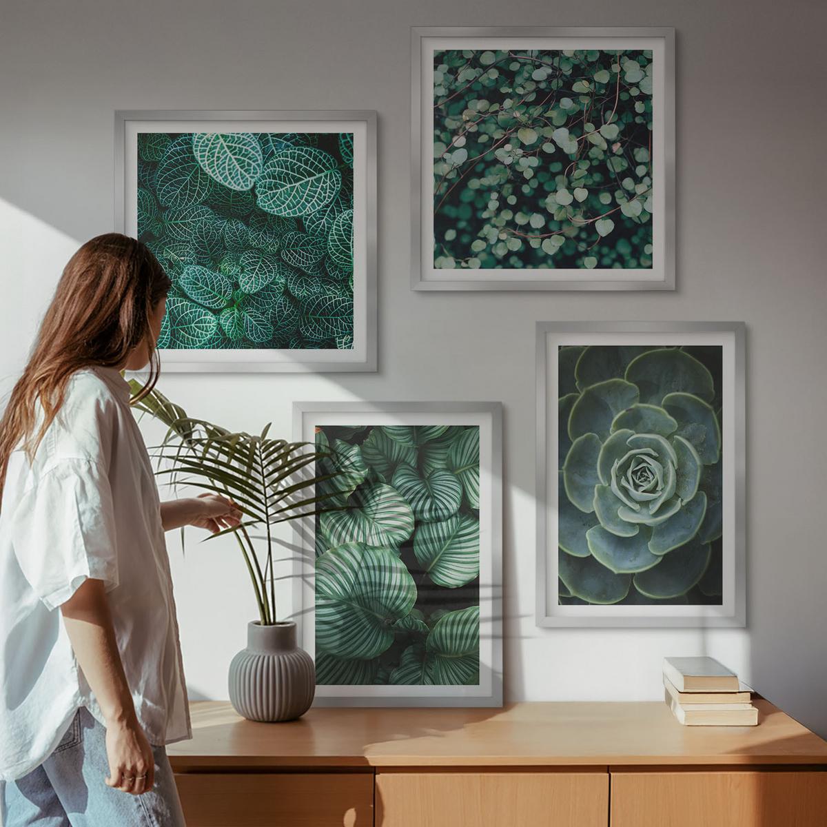 BILDER SET 4er Set - 50x50 cm & 40x60 cm Silberner Rahmen - Grüne, saftige Blätter - Silberfarben, Kunststoff (50/50cm) - TULUP