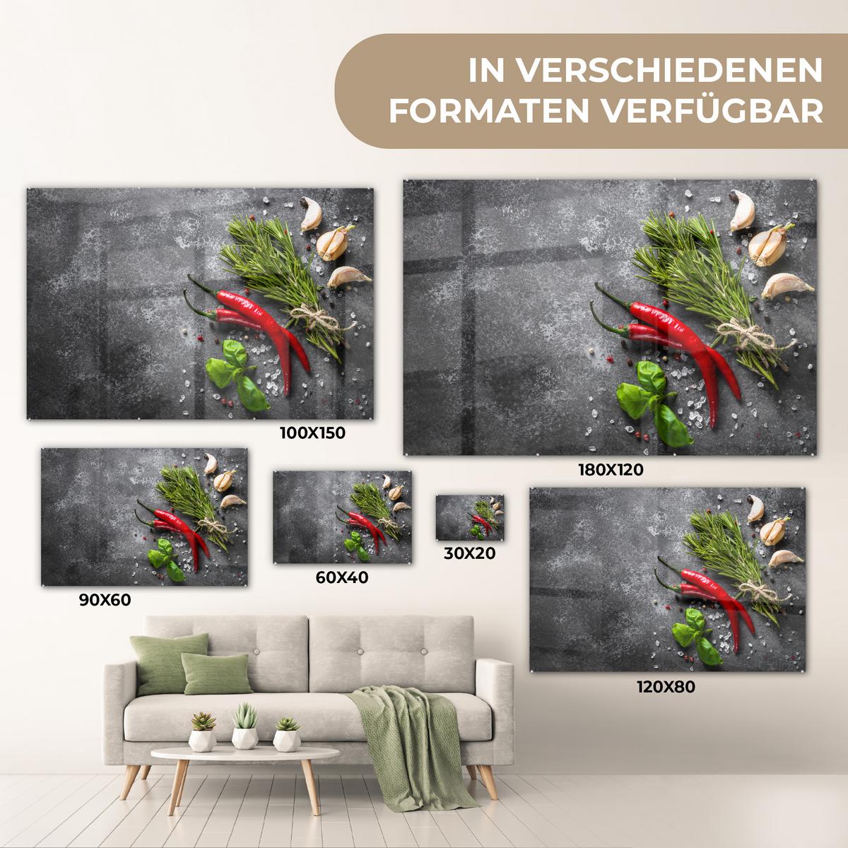 ACRYLGLASBILD Pfeffer - Kräuter - Gewürze - Beton Wandbild Schlafzimmer 120x80 cm - Dunkelgrau, Glas (120/80cm) - MuchoWow