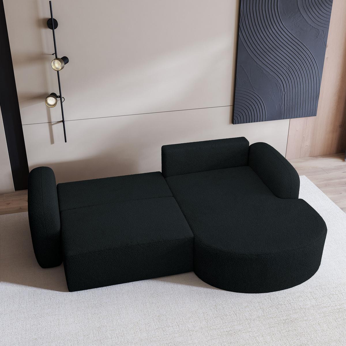 ECKSOFA AMILIA R-S Schwarz Boucle-Stoff mit Schlaffunktion - Schwarz, Holz (263/174cm) - MASSENO
