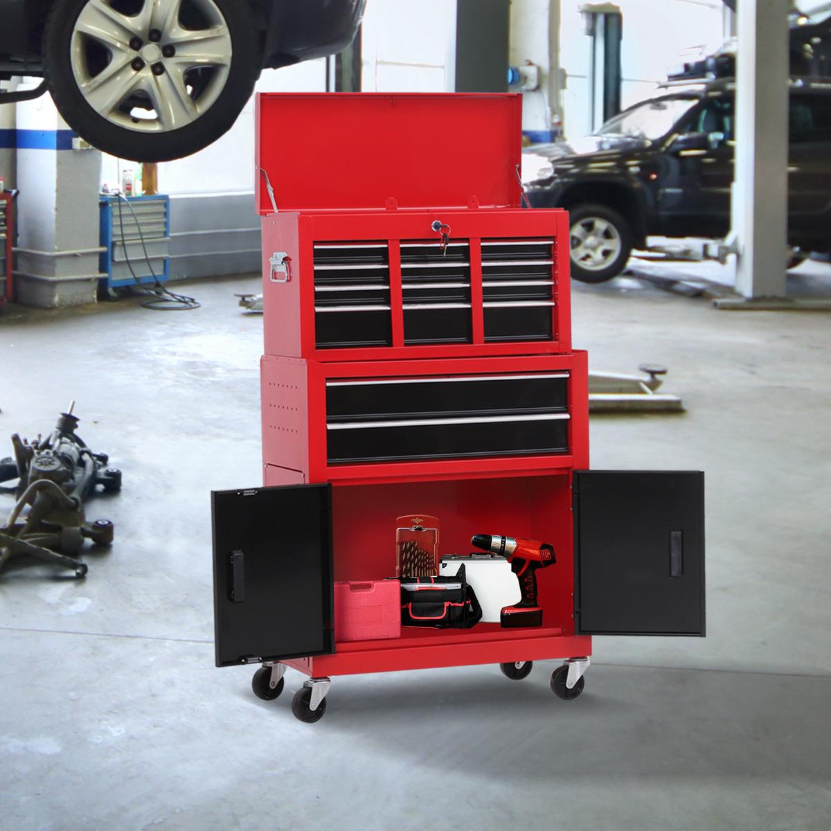 WERKSTATTWAGEN mit Werkzeugkasten 2 Schlüssel Metall Rot+Schwarz - Multicolor, Metall (33/108/61.6cm) - HOMCOM