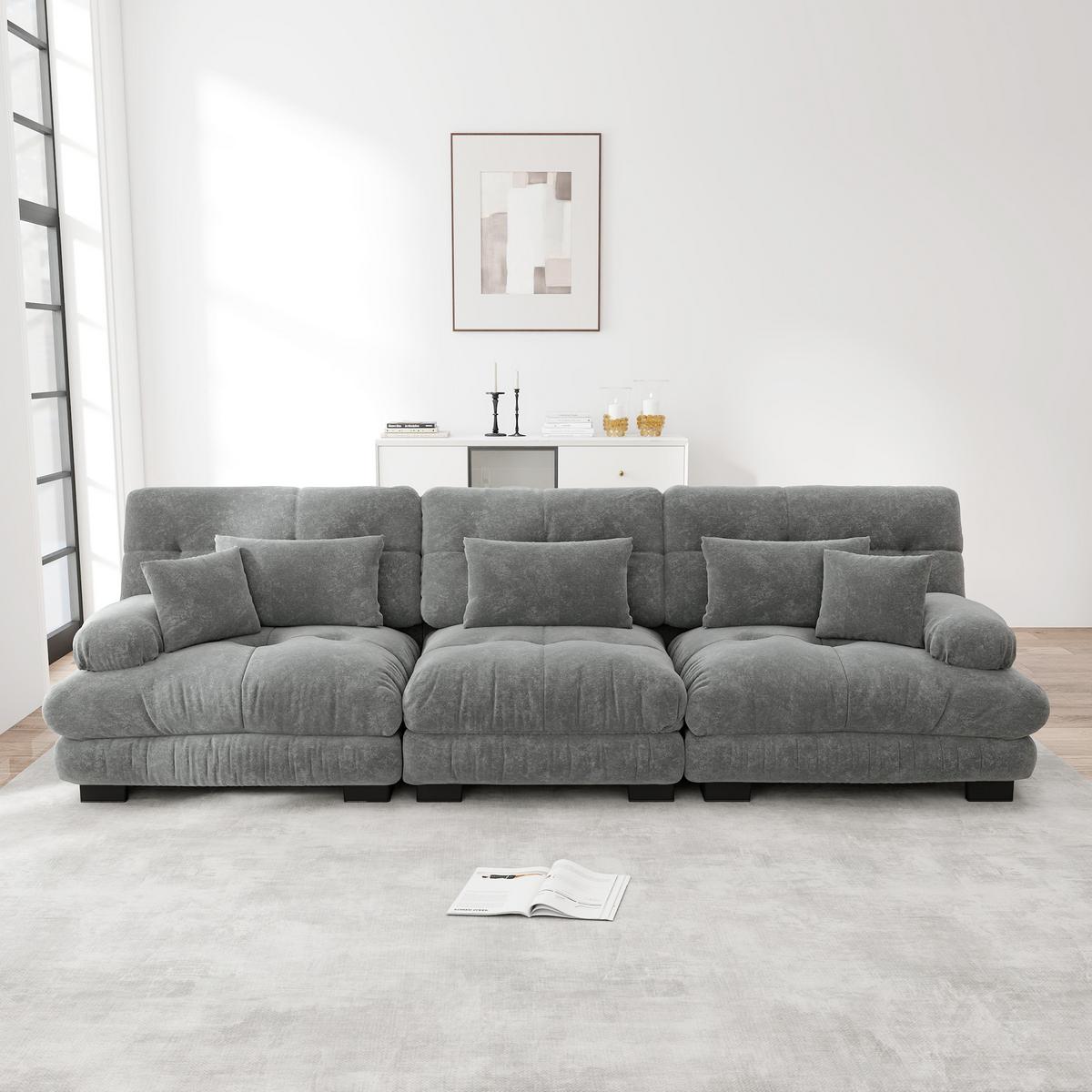 SOFA Stoff – 3-Sitzer mit Kissen - Grau, Holzwerkstoff/Textil (313/81/77cm) - Urban Meuble
