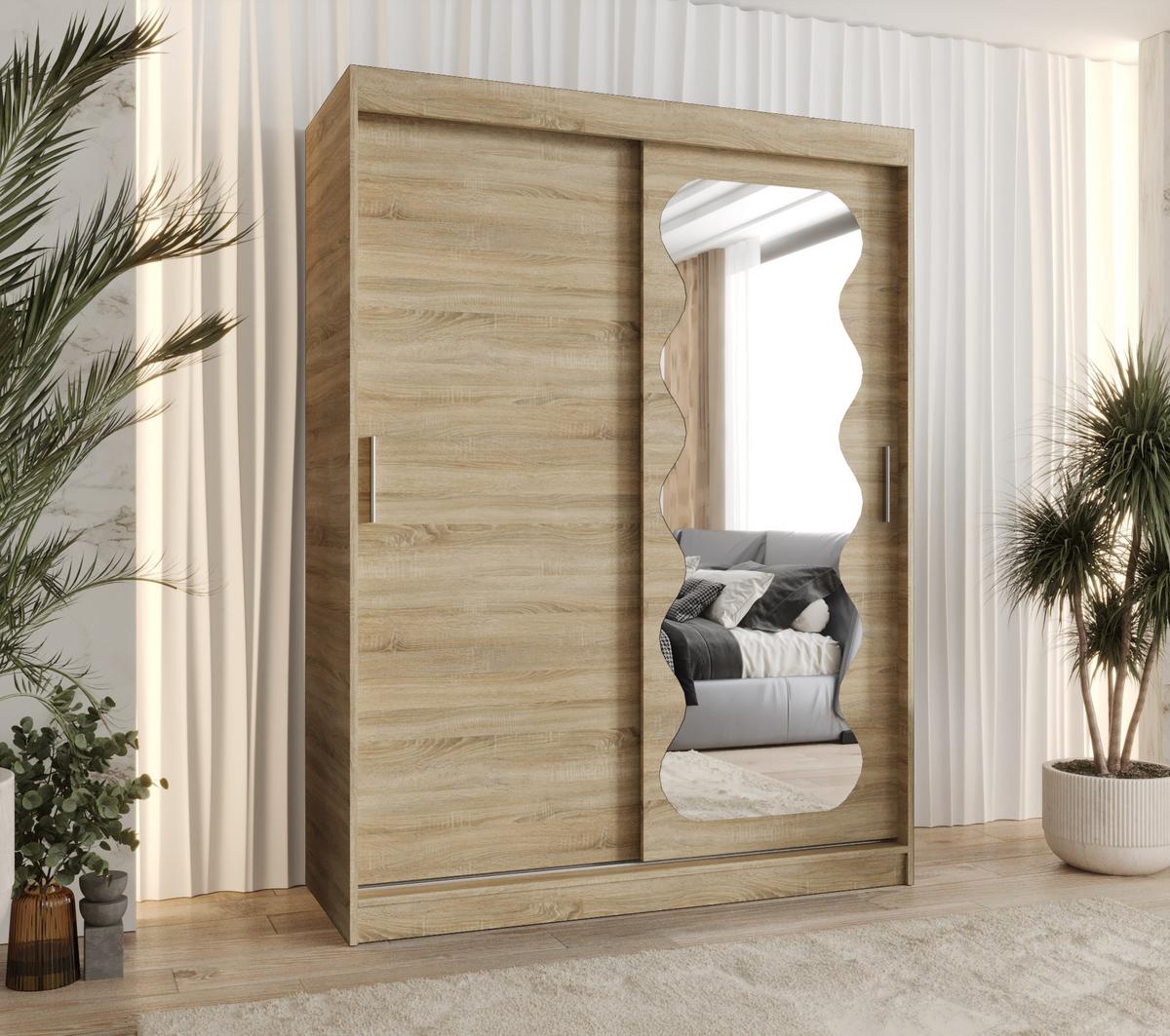 SCHIEBETÜRENSCHRANK mit Spiegel SPOTI 200/150/62 2-türig - Silberfarben/Sonoma Eiche, Holz (150/200/62cm) - MÖBEL KRYSPOL