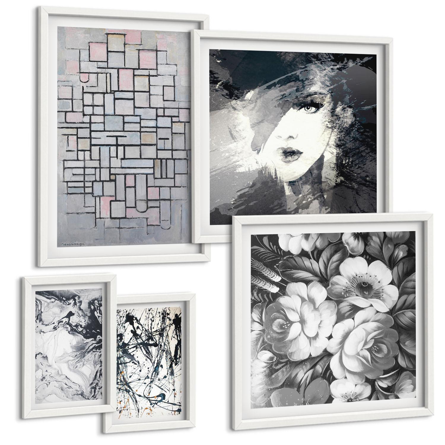 BILDER SET 5er Set - 50x50 cm & 20x30 cm & 40x60 cm Weißer Rahmen - Abstrakte schwarz-weiße Muster - Weiß, Kunststoff (40/60cm) - TULUP