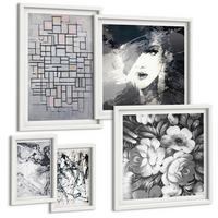 BILDER SET 5er Set - 50x50 cm & 20x30 cm & 40x60 cm Weißer Rahmen - Abstrakte schwarz-weiße Muster - Weiß, Kunststoff (40/60cm) - TULUP