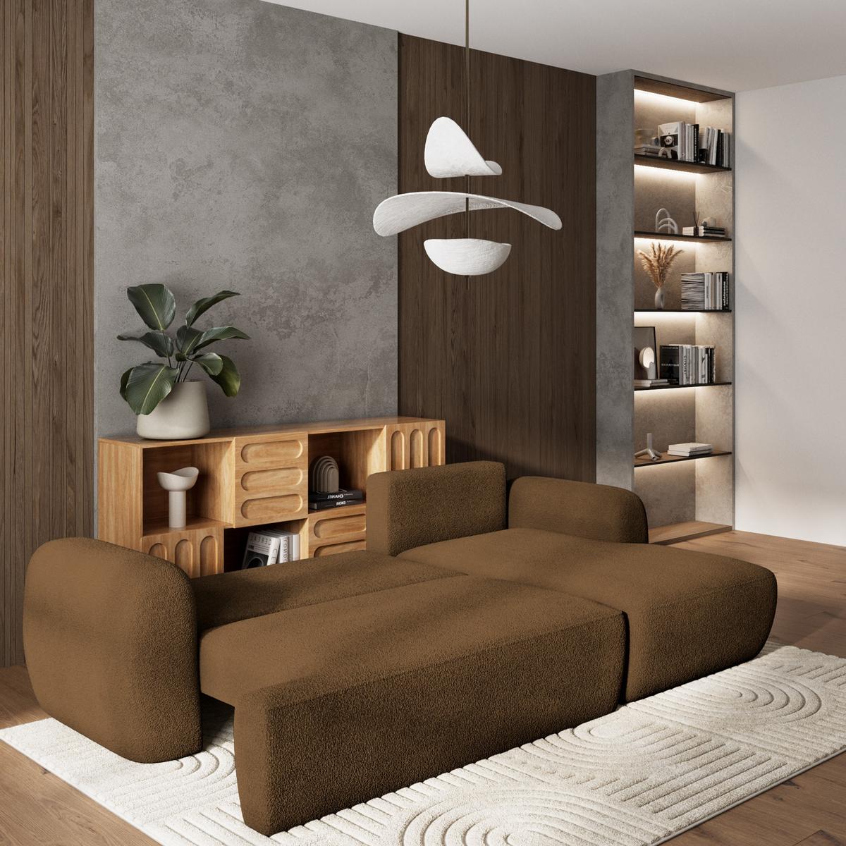 ECKSOFA MODENZA N R-S Braun Boucle-Stoff mit Schlaffunktion - Schwarz/Braun, Holz/Kunststoff (266/148cm) - MASSENO
