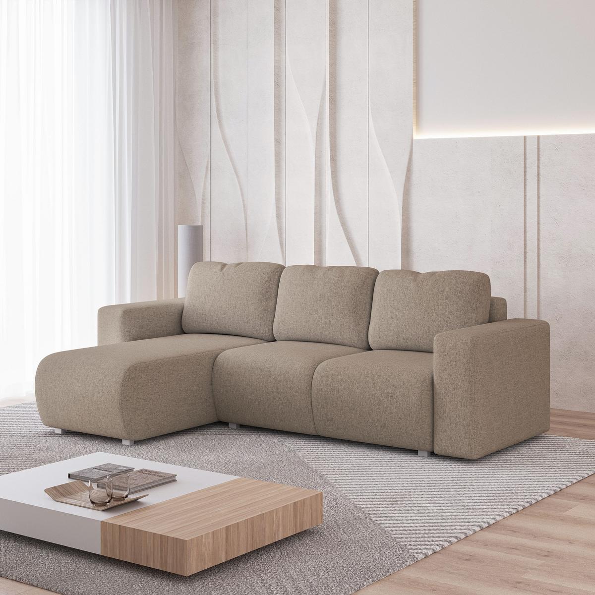 ECKSOFA RINOVA Beige Geflochtener Stoff mit Schlaffunktion - Beige, Holz (250/143cm) - MASSENO
