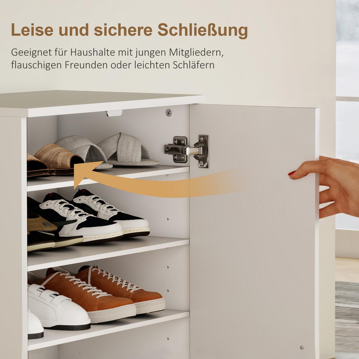 SCHUHSCHRANK mit Soft-Close-Tür, verstellbare Regale, für 14 Paare, Weiß - Alufarben/Weiß, Holzwerkstoff/Metall (55/108/35cm) - HOMCOM