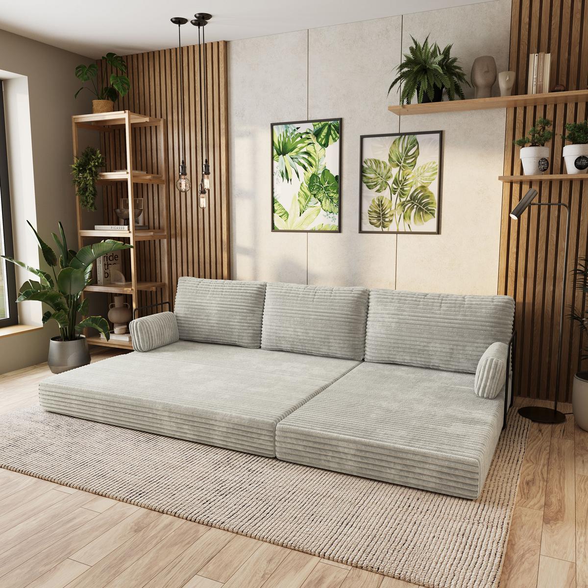 ECKSOFA ANKO modulares Boneless Sofa mit Schlaffunktion Hellgrau Kordstoff - Hellgrau, Textil (270/160cm) - MASSENO
