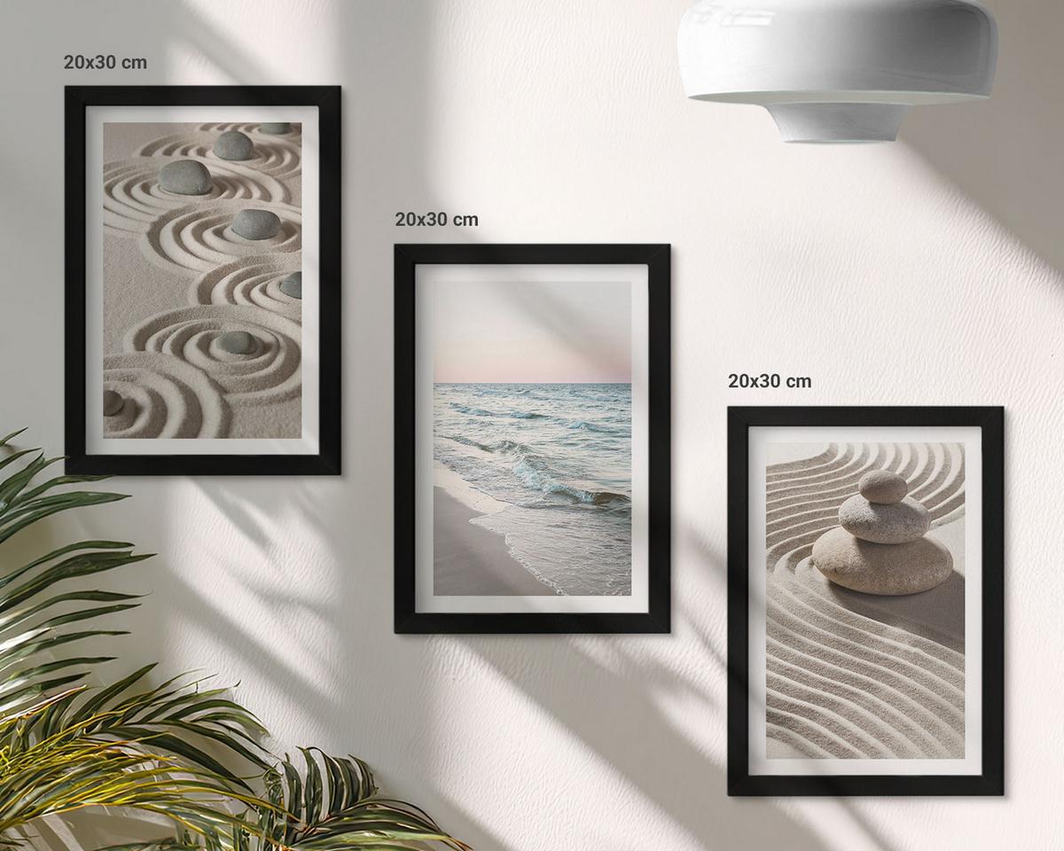 BILDER SET 3er Set - 20x30 cm Schwarzer Rahmen - Wellen, Sand, Wasser, Steine, Strand - Schwarz, Kunststoff (20/30cm) - TULUP