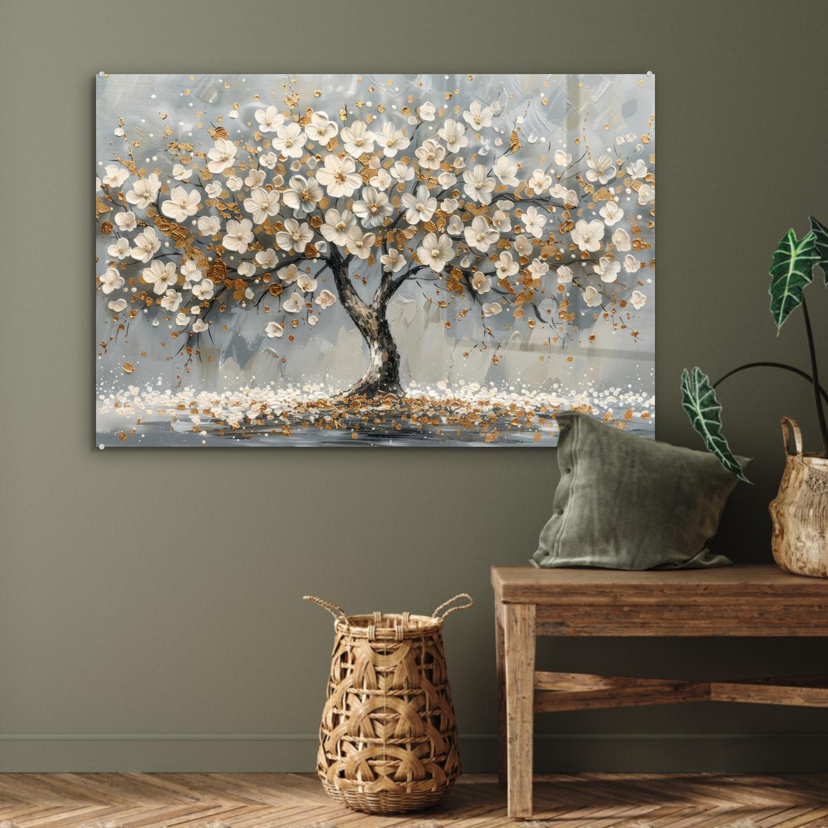 ACRYLGLASBILD Baum - Blumen - Weiß - Natur - Kunst Wandbild Schlafzimmer 120x80 cm - Weiß, Glas (120/80cm) - MuchoWow