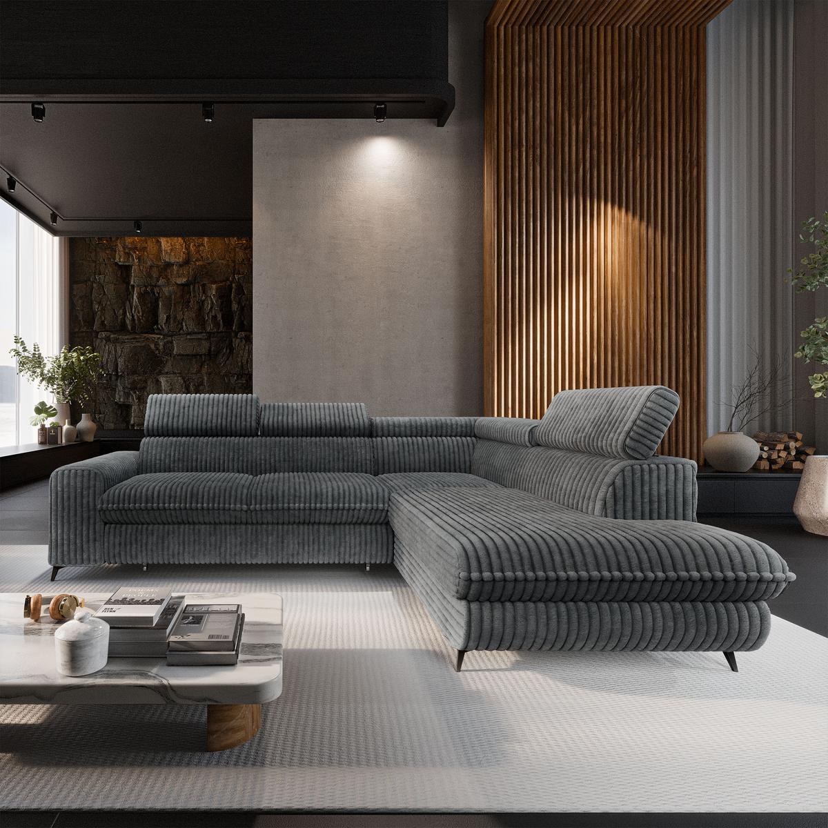 ECKSOFA VELISS Grau Kordstoff mit Schlaffunktion - Grau, Holz (255/193cm) - MASSENO