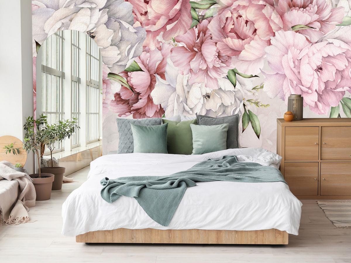 FOTOTAPETE für Schlafzimmer Rosa Zarte Pfingstrosen Natur 300x210 - Violett/Rosa, Papier (300/210cm) - Muralo