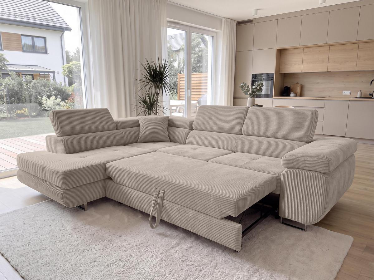 ECKSOFA L Form Konak Beige 276/201/90 cm Links mit Schlaffunktion - Beige/Silberfarben, Textil/Metall (203/276cm) - AX Living