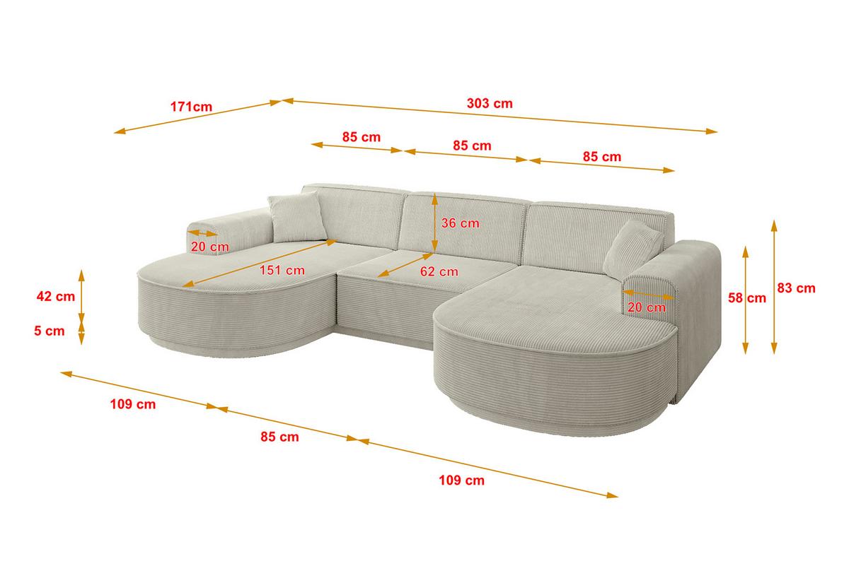 WOHNLANDSCHAFT MARI-U1-v3 - 303x171x83 cm Creme Cord - Hellgrau/Creme, Holzwerkstoff/Kunststoff (303/83/171cm) - ALTDECOR