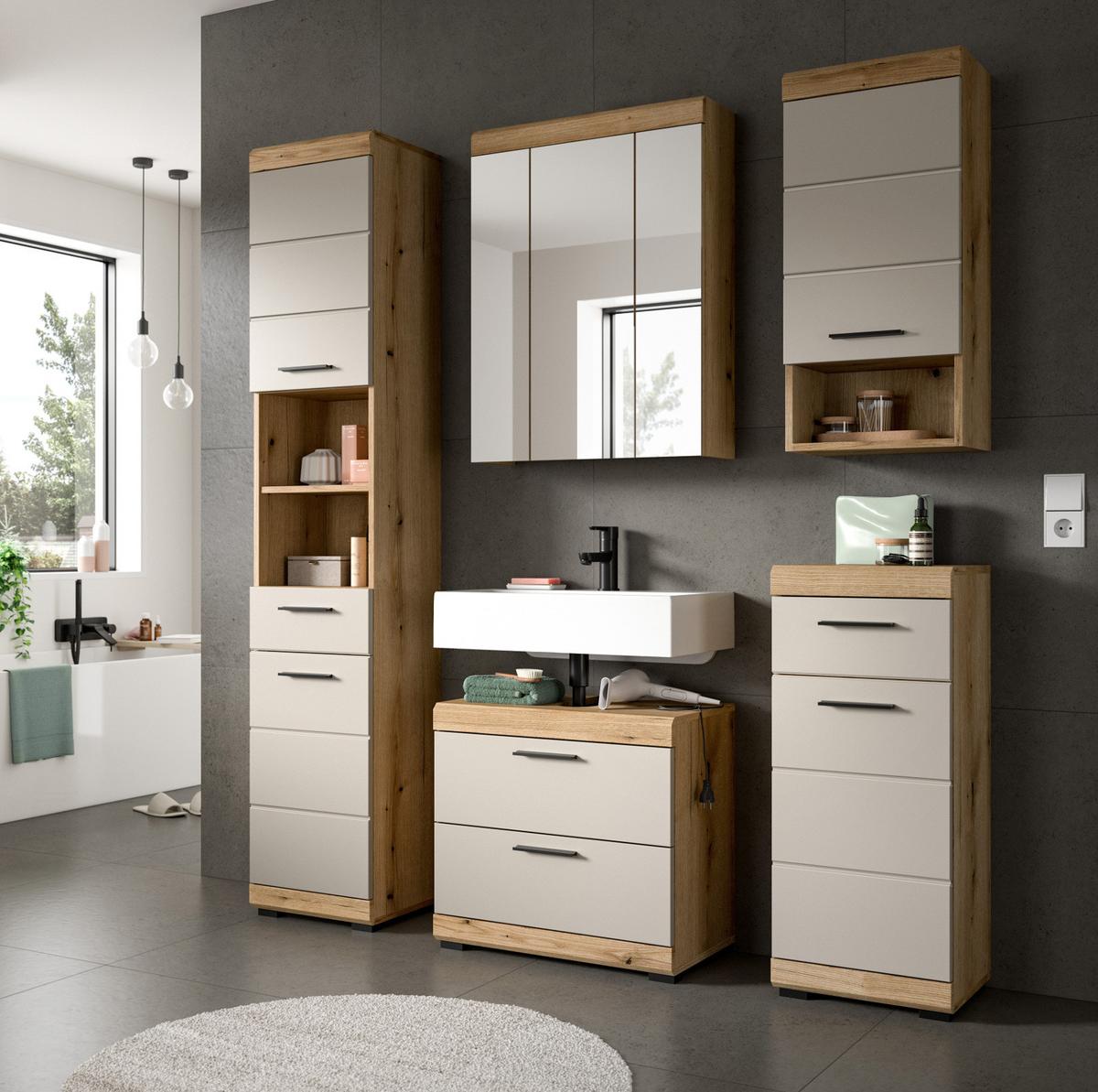 HOCHSCHRANK Sand Kaschmir, Evoke Eiche, Badschrank, 6 Fächer, 37 cm - Kaschmir/Eichefarben, Holzwerkstoff/Kunststoff (37/191/31cm) - Inn.Furn