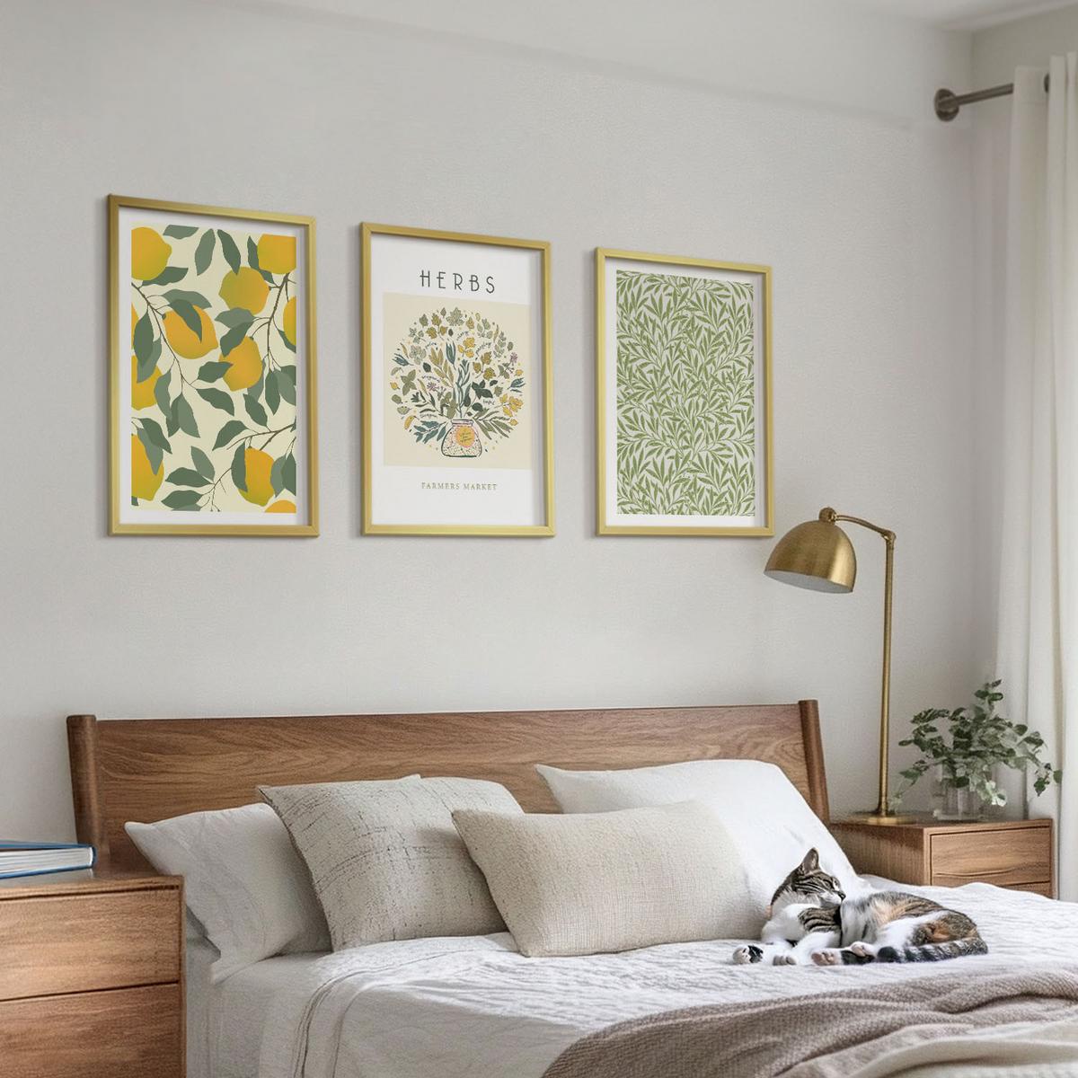 BILDER SET 3er Set - 40x60 cm Goldrahmen - Zitronen mit Kräutern und Blättern - Goldfarben, Kunststoff (40/60cm) - TULUP