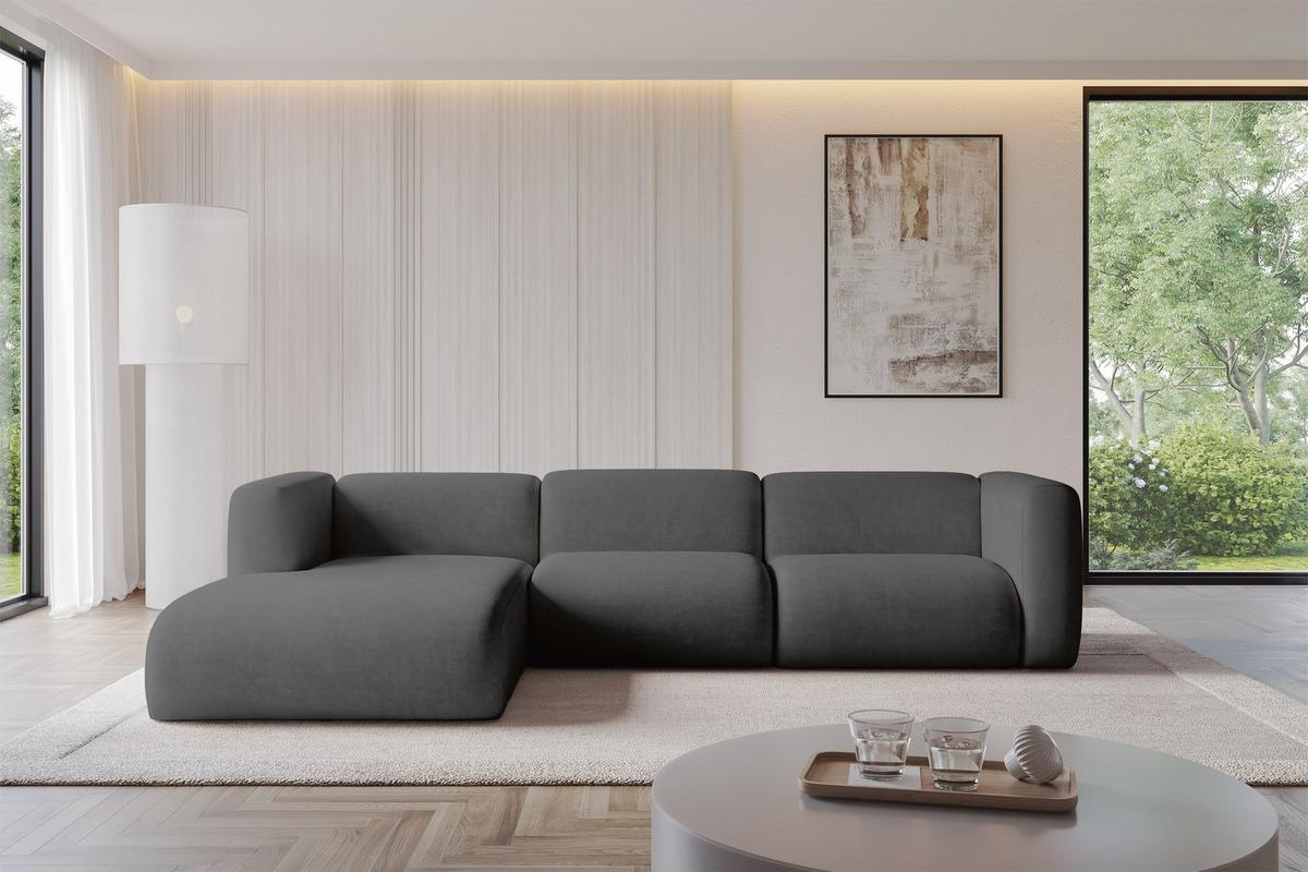 ECKSOFA Ottomane Links MIRA-L2 318x179x89 Dunkelgrau Velours - Dunkelgrau/Schwarz, Holzwerkstoff/Kunststoff (318/179cm) - ALTDECOR