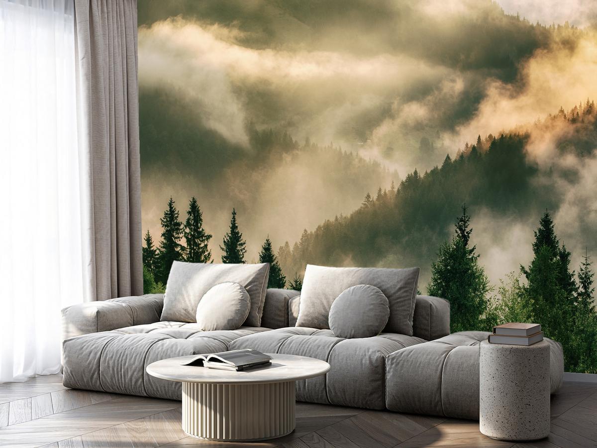 FOTOTAPETE für Wohnzimmer Neblige Landschaft Bergwald Nadelbäume 250x175 - Gelb/Orange, Papier (250/175cm) - Muralo