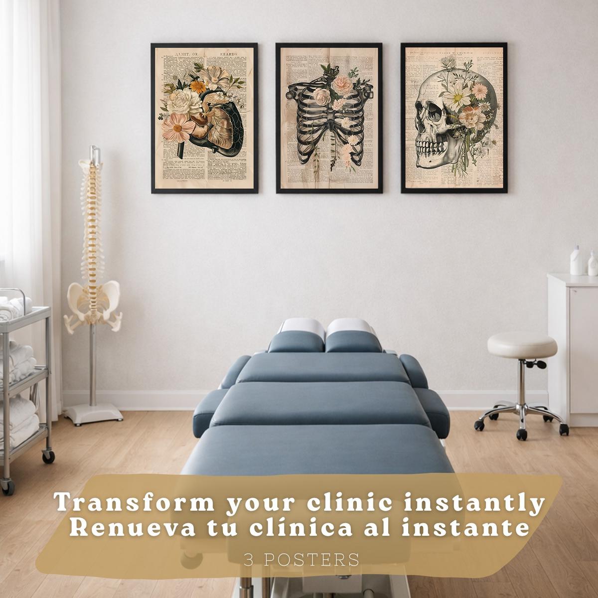 POSTER Set aus 3 Anatomie Mensch Drucke und Wandbilder mit Leber Rippen und Schädel Retro Floraler Stil Wanddekoration Größe Schwarzer Rahmen A3 - Schwarz, Papier (29.7/42/3cm) - Nacnic