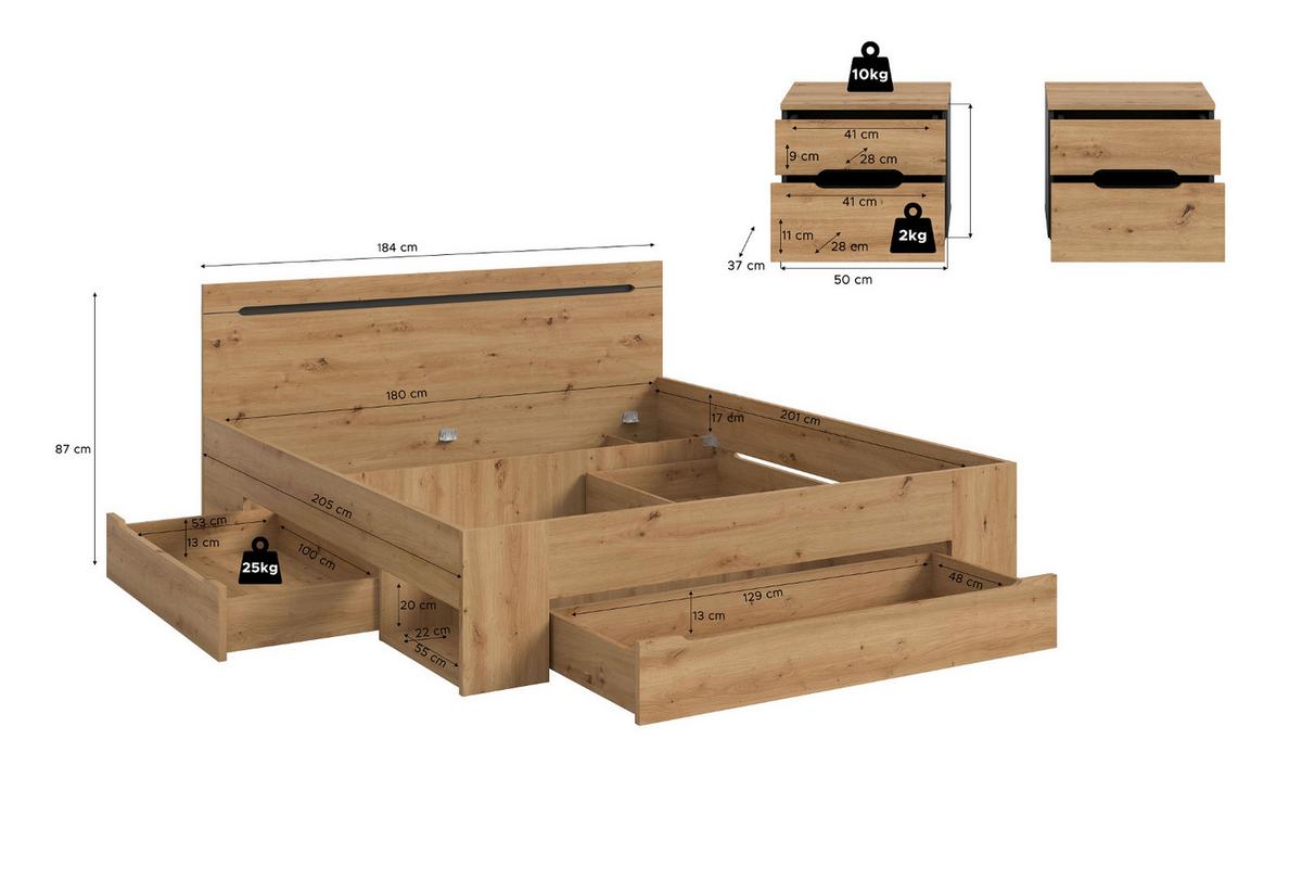 SCHLAFZIMMER Eiche Artisan, grau 3-teilig, Komplettset mit Bett 180 x 200 cm - Eiche Artisan/Grau, Holzwerkstoff/Metall - Inn.Furn