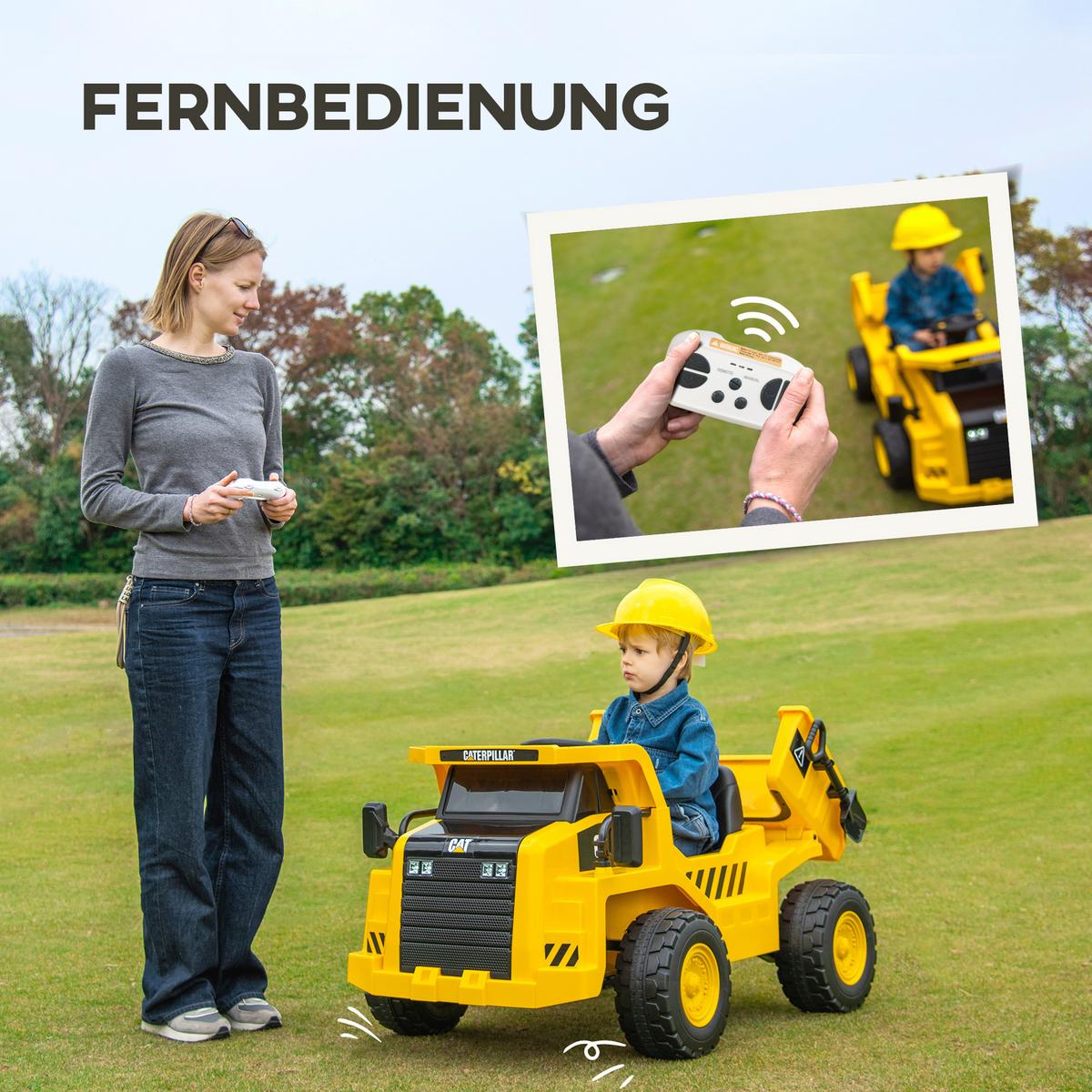 KINDER Elektro Traktor 12V Aufsitztraktor mit Fernbedienung Eimer Schaufel Gelb - Gelb, Metall (110/70.5/61.5cm) - AIYAPLAY