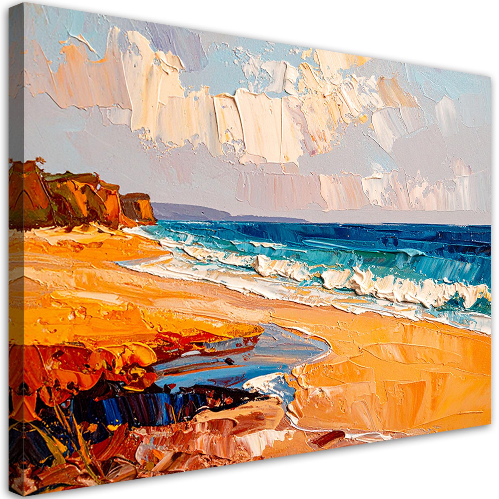 LEINWANDBILD Strand Meer Landschaft wie gemalt 100x70cm - Orange, Textil (100/70cm) - Feeby