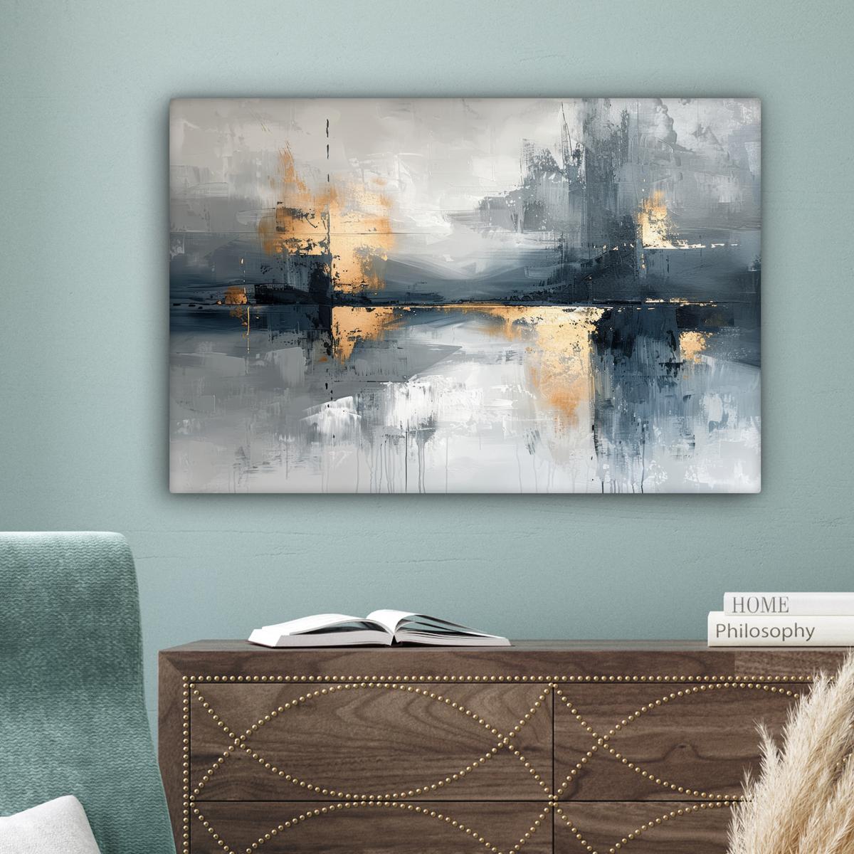 LEINWANDBILD Kunst - Grau - Gold - Abstrakt Wanddeko 90x60 cm - Dunkelgrau, Textil (90/60cm) - MuchoWow