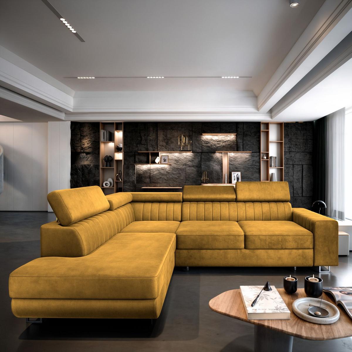 ECKSOFA NOLA L-S Gelb Velours-Stoff mit Schlaffunktion - Gelb/Silberfarben, Holz/Textil (253/190cm) - MASSENO