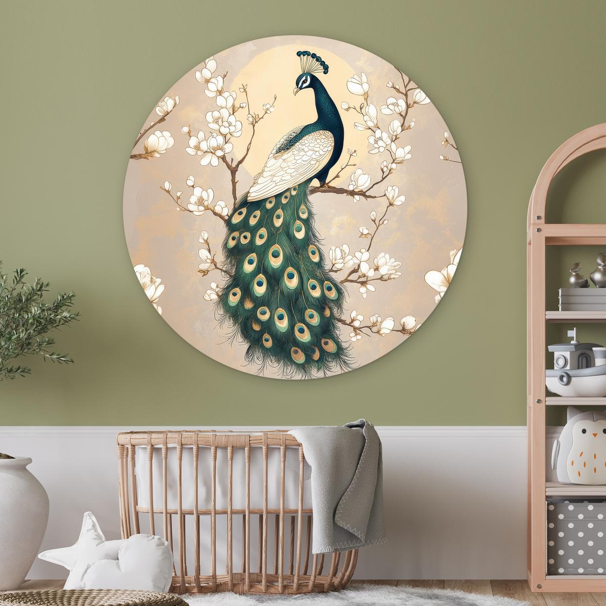 WANDBILD Pfau - Zweig - Blumen Wandbild 120x120 cm - Champagner, Kunststoff (120/120cm) - MuchoWow