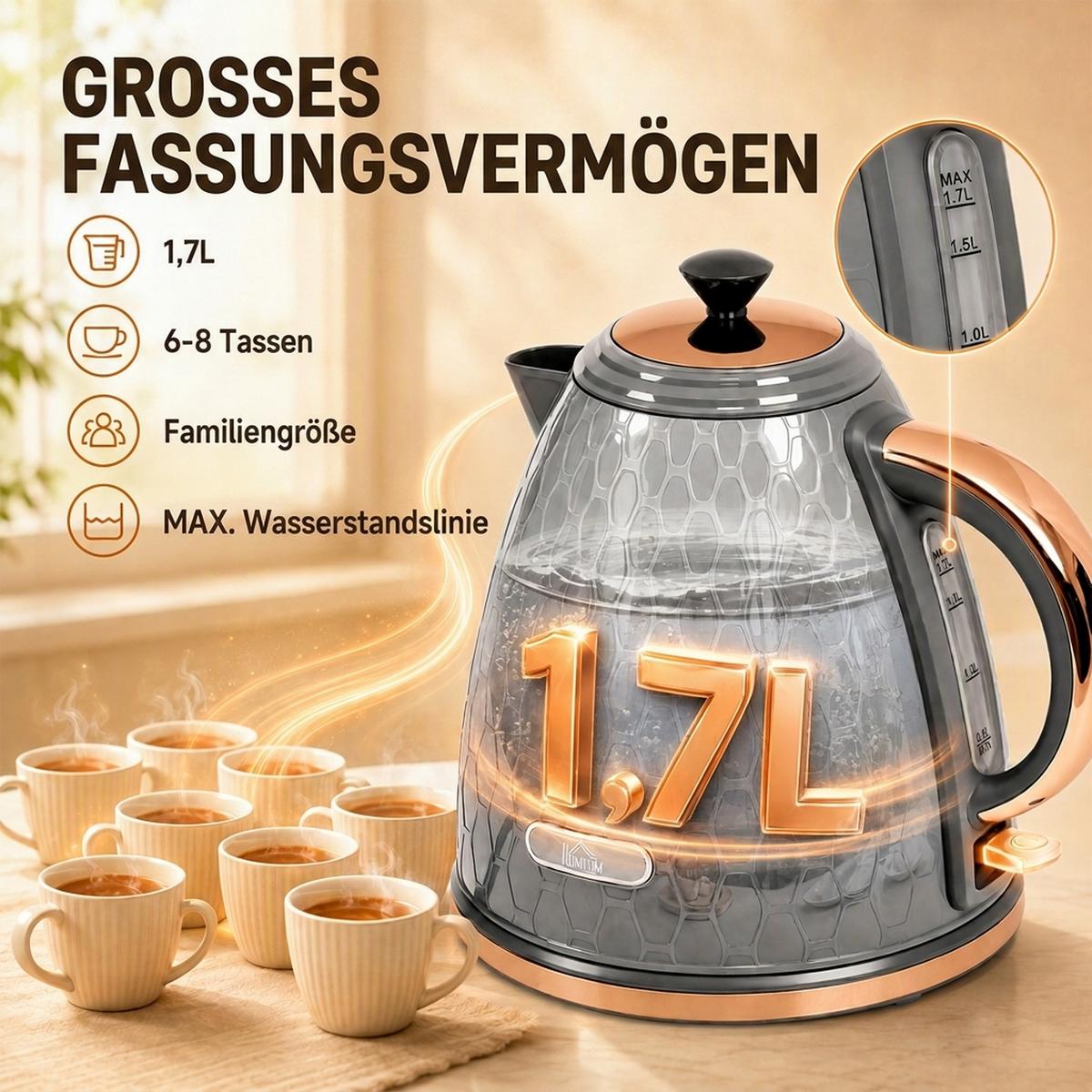 WASSERKOCHER Kunststoff Edelstahl Grau - Grau, Kunststoff (19.5/23.4/24.2cm) - HOMCOM