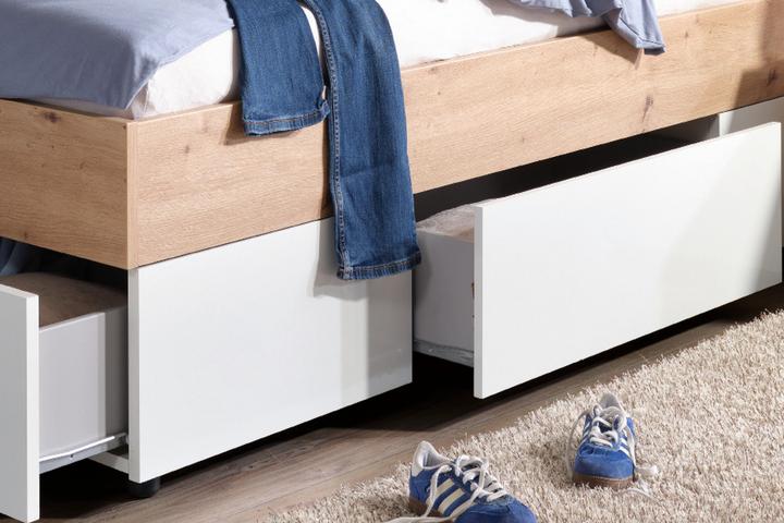 Stauraumbett Eichefarbe 4 Bettschubladen in weiß